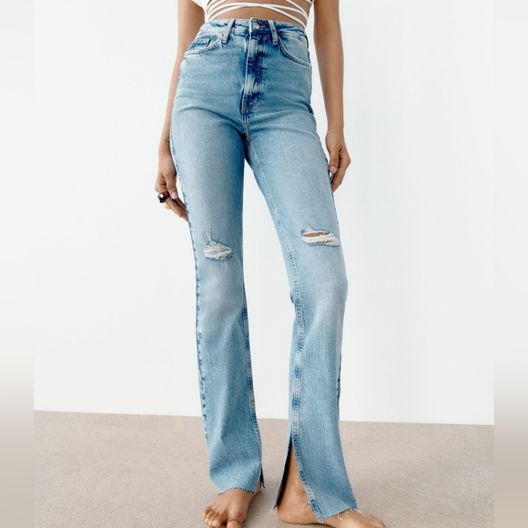 Zara Denim - Zara High Rise Slim Flare Ripped Jeans